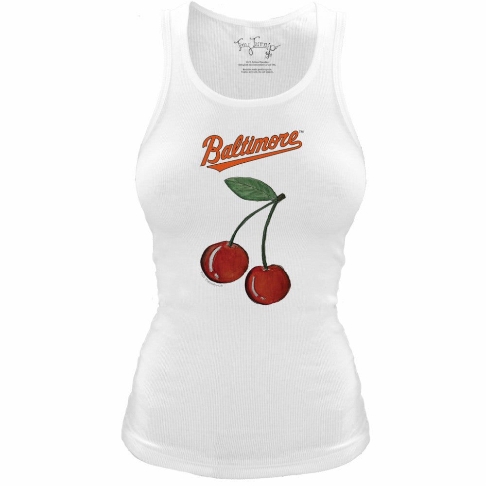 White Baltimore Orioles Tiny Turnip Women's Fitted Cherries Tri-Blend Tank Top