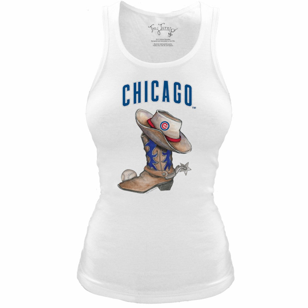 White Chicago Cubs Tiny Turnip Women's Fitted Vintage Cowboy Boot Tri-Blend Tank Top