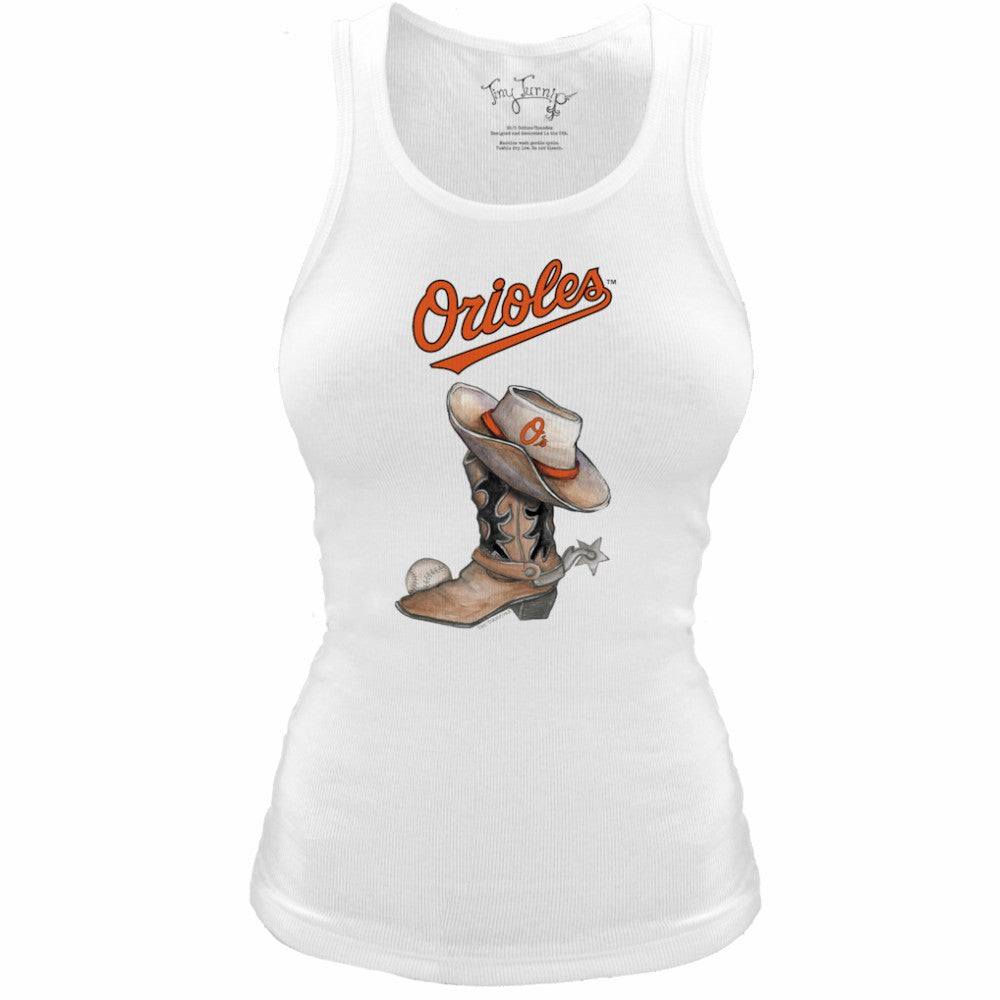 White Baltimore Orioles Tiny Turnip Women's Fitted Vintage Cowboy Boot Tri-Blend Tank Top