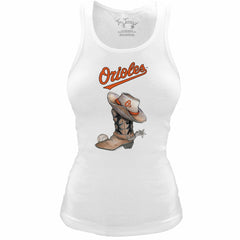 White Baltimore Orioles Tiny Turnip Women's Fitted Vintage Cowboy Boot Tri-Blend Tank Top