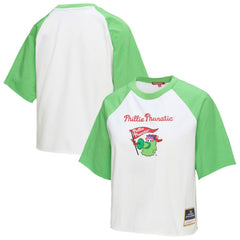 White Philadelphia Phillies Mitchell & Ness Women's Cropped Raglan Mascot Boxy T-Shirt