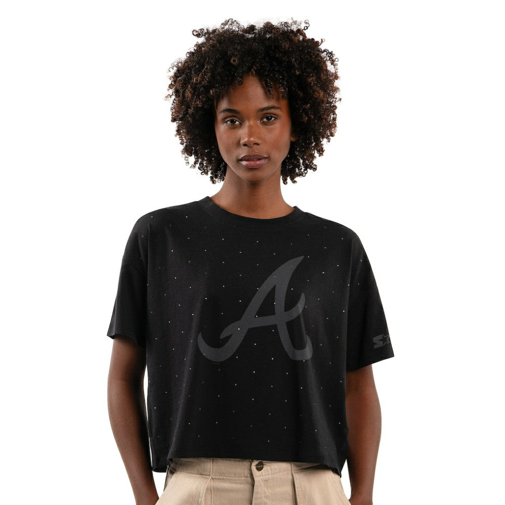 Black Atlanta Braves Starter Women's Rhinestone Sprinkle Boxy Cropped T-Shirt