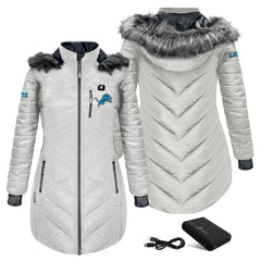 ActionHeat Women's 5V Battery Heated Long Puffer Full-Zip Hoodie Jacket - Detroit Lions Hoodies
