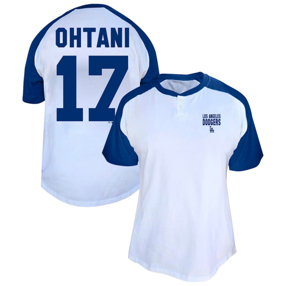 White Shohei Ohtani Los Angeles Dodgers Profile Women's Plus Size Name & Number Raglan Henley T-Shirt