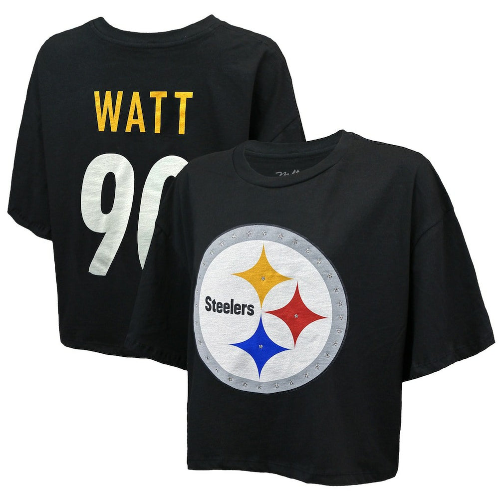 T.J. Watt Majestic Threads Women's Swarovski Crystals Boxy Cropped Name & Number T-Shirt - Pittsburgh Steelers T-shirts
