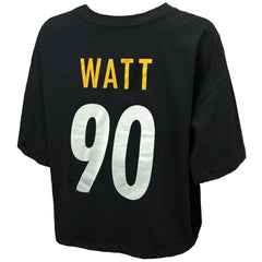 T.J. Watt Majestic Threads Women's Swarovski Crystals Boxy Cropped Name & Number T-Shirt - Pittsburgh Steelers T-shirts