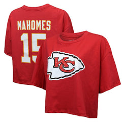 Patrick Mahomes Majestic Threads Women's Swarovski Crystals Boxy Cropped Name & Number T-Shirt - Kansas City Chiefs T-shirts