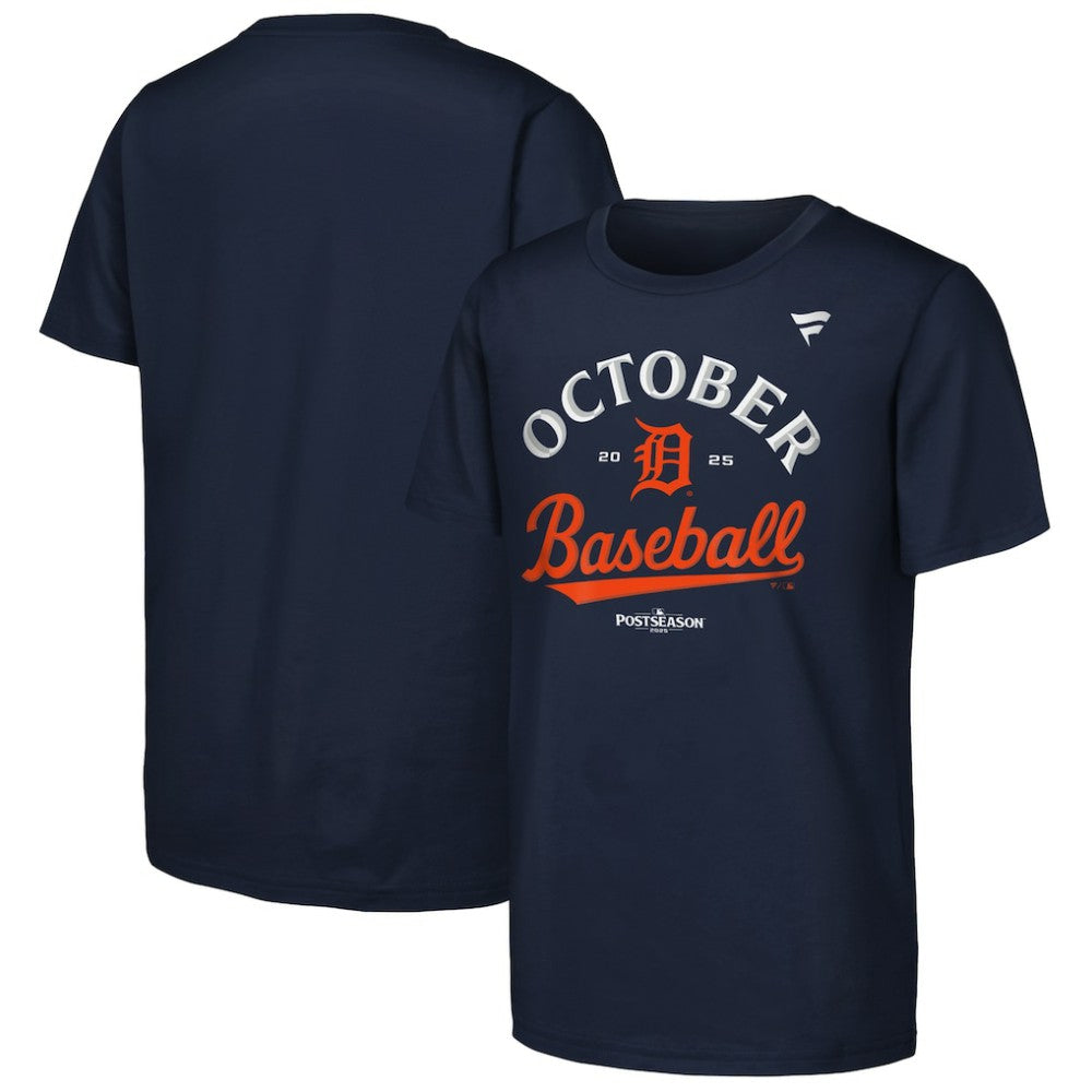 Navy Detroit Tigers Fanatics Youth 2025 MLB Postseason Locker Room T-Shirt