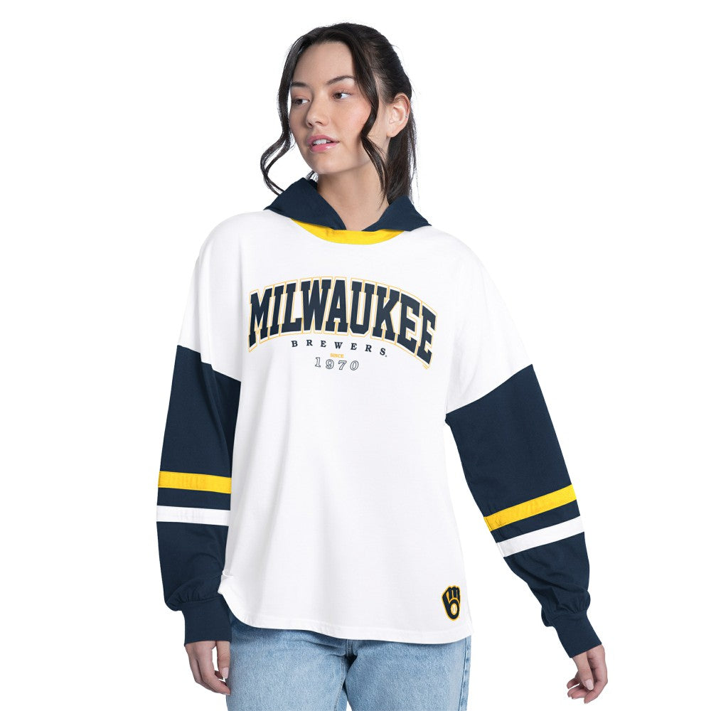 White/Navy Milwaukee Brewers G-III 4Her by Carl Banks Women's Key Player Oversized Hooded Long Sleeve T-Shirt