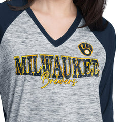 Navy/Heather Navy Milwaukee Brewers G-III 4Her by Carl Banks Women's Speed Training 3/4-Sleeve Rhinestone V-Neck T-Shirt