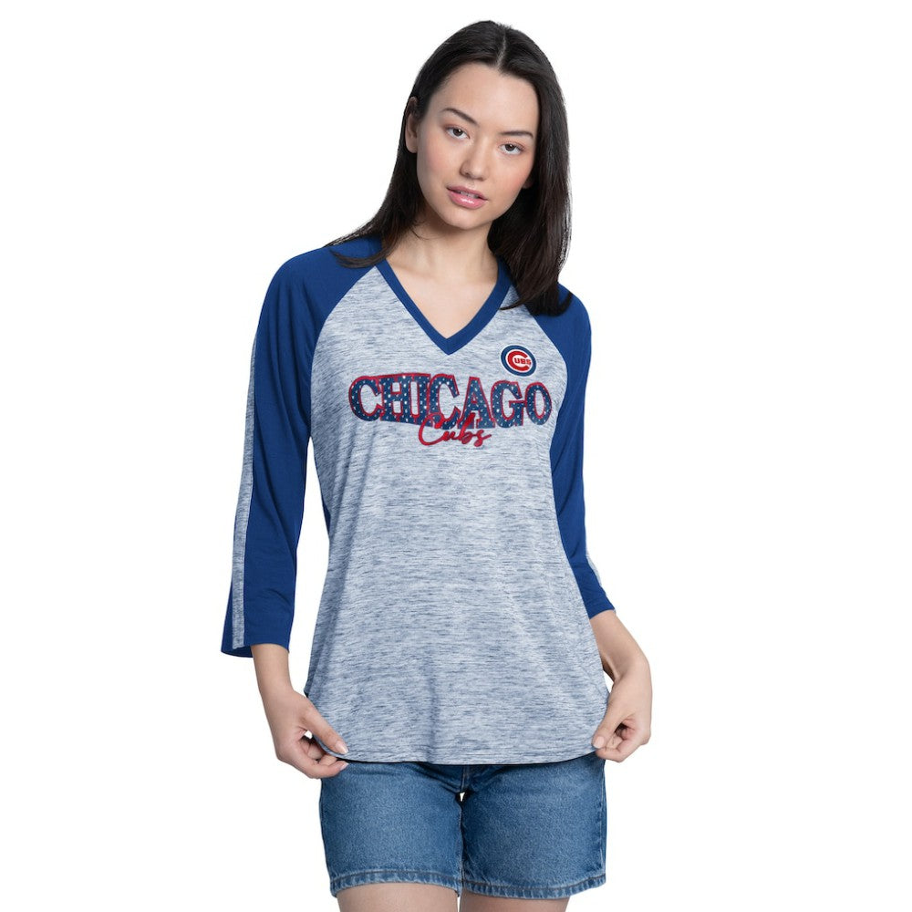 Royal/Heather Gray Chicago Cubs G-III 4Her by Carl Banks Women's Speed Training 3/4-Sleeve Rhinestone V-Neck T-Shirt