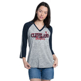 Navy/Heather Navy Cleveland Guardians G-III 4Her by Carl Banks Women's Speed Training 3/4-Sleeve Rhinestone V-Neck T-Shirt