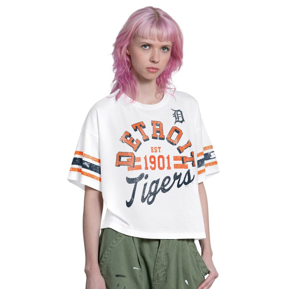 White Detroit Tigers Starter Women's Cropped Hurry Up Offense T-Shirt
