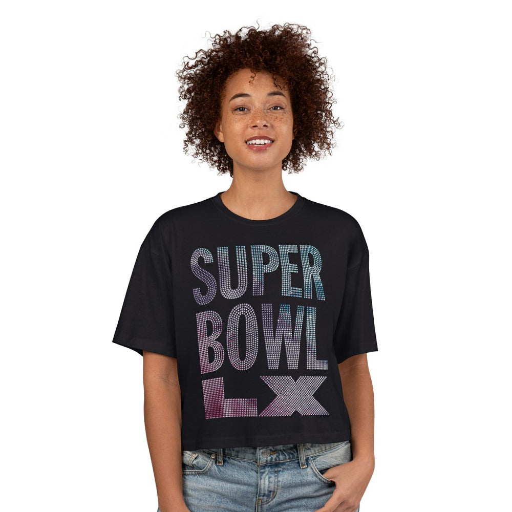 Super Bowl LX G-III 4Her by Carl Banks Women's Play Ball Oversized Rhinestone Cropped T-Shirt - New England Patriots T-shirts