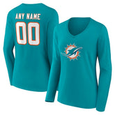 Women's Team Authentic Personalized Name & Number Long Sleeve V-Neck T-Shirt - Miami Dolphins T-shirts
