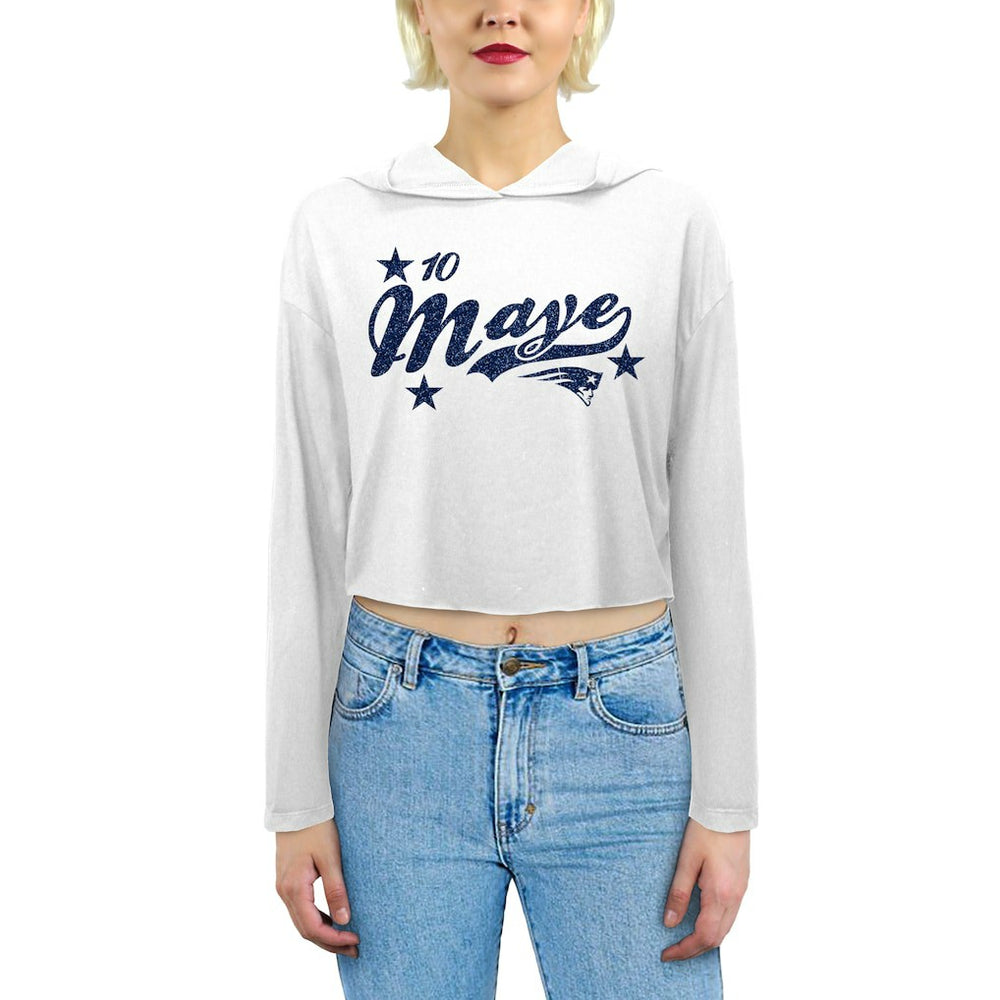 Drake Maye Majestic Threads Women's Glitter Wordmark Hoodie - New England Patriots Hoodies