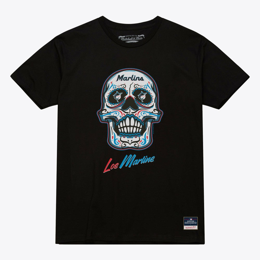 Black Miami Marlins Mitchell & Ness Women's Sugar Skull Boxy T-Shirt