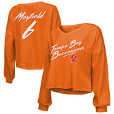 Baker Mayfield Majestic Threads Women's Off-Shoulder Script Name & Number V-Neck T-Shirt - Tampa Bay Buccaneers T-shirts