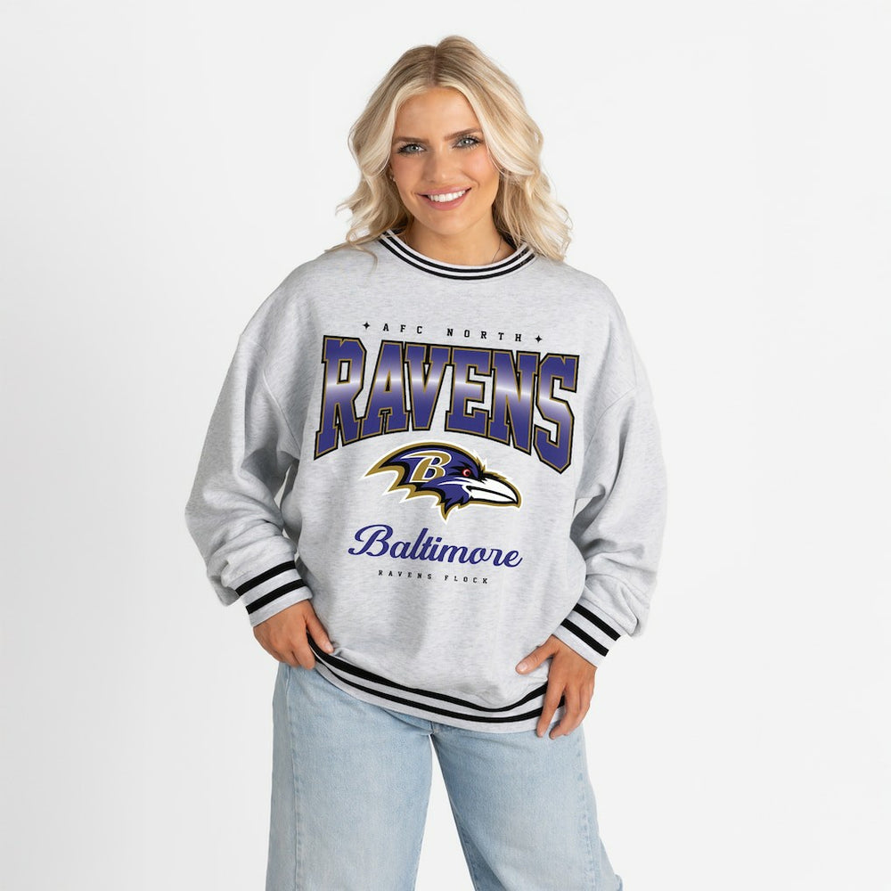 Gameday Couture Women's Oversized Gridiron Drive Ringer Stripe Sweatshirt - Baltimore Ravens Sweatshirts