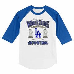 White/Royal Los Angeles Dodgers Tiny Turnip Youth 2025 World Series Champions 3/4-Sleeve Raglan Baseball T-Shirt