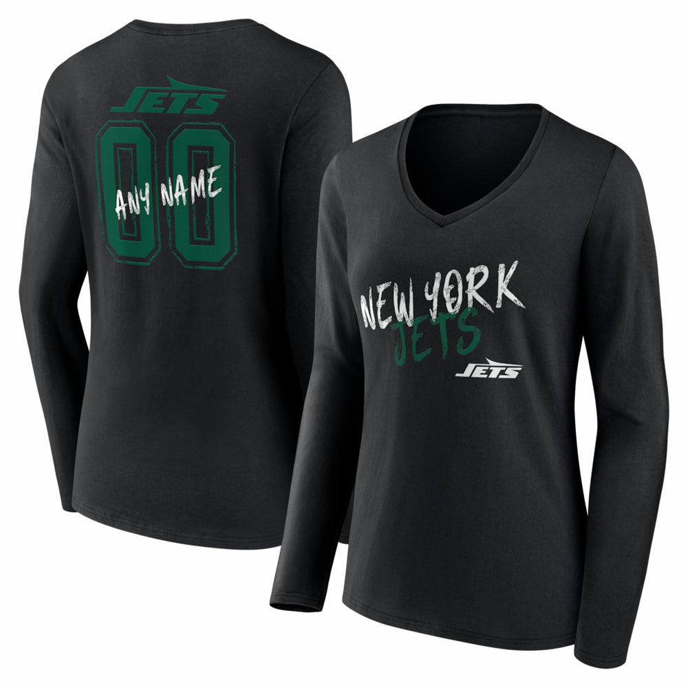 Women's Hustle Personalized Name & Number Long Sleeve V-Neck T-Shirt - New York Jets T-shirts
