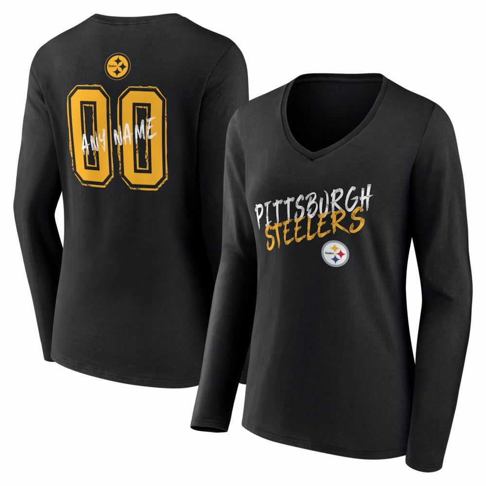 Women's Hustle Personalized Name & Number Long Sleeve V-Neck T-Shirt - Pittsburgh Steelers T-shirts