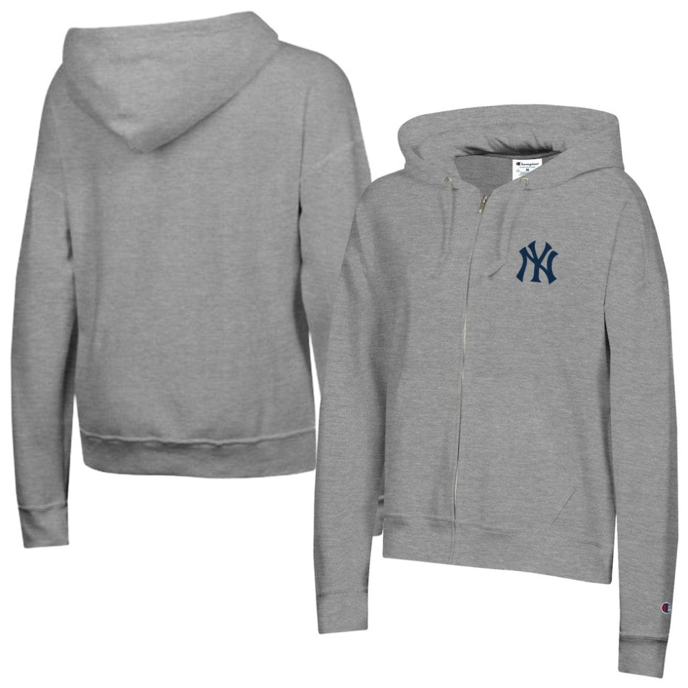 Heather Gray New York Yankees Champion Women's Powerblend Fleece Full-Zip Hoodie