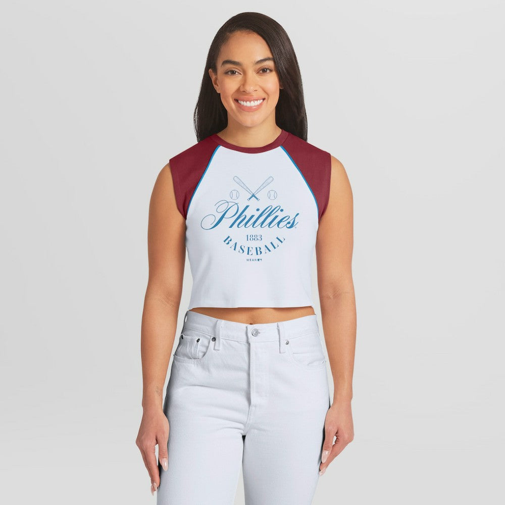 White Philadelphia Phillies WEAR by Erin Andrews Women's Cooperstown Cropped Raglan Tank Top