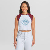White Philadelphia Phillies WEAR by Erin Andrews Women's Cooperstown Cropped Raglan Tank Top