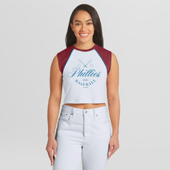 White Philadelphia Phillies WEAR by Erin Andrews Women's Cooperstown Cropped Raglan Tank Top