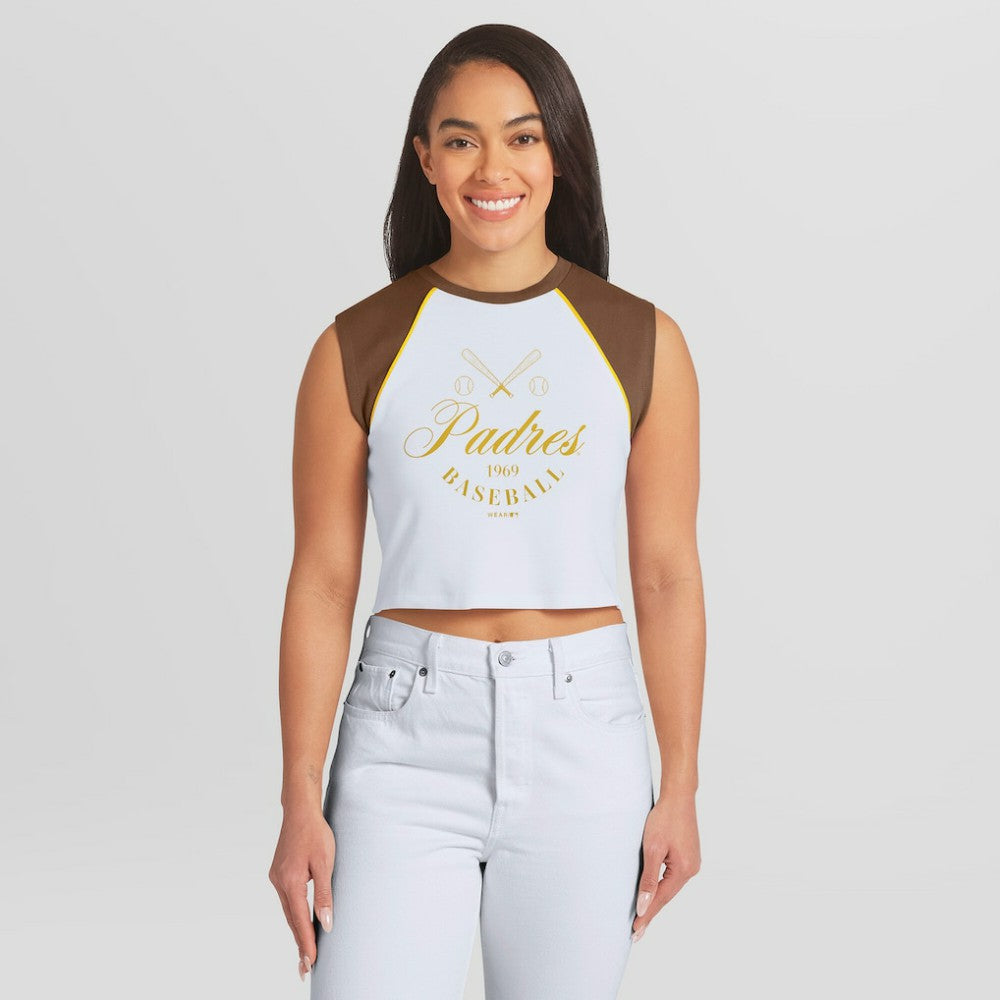 White San Diego Padres WEAR by Erin Andrews Women's Cooperstown Cropped Raglan Tank Top