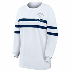 White Milwaukee Brewers WEAR by Erin Andrews Women's Oversized Long Sleeve Striped T-Shirt