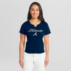 Navy Atlanta Braves WEAR by Erin Andrews Women's Notch Neck Cropped T-Shirt
