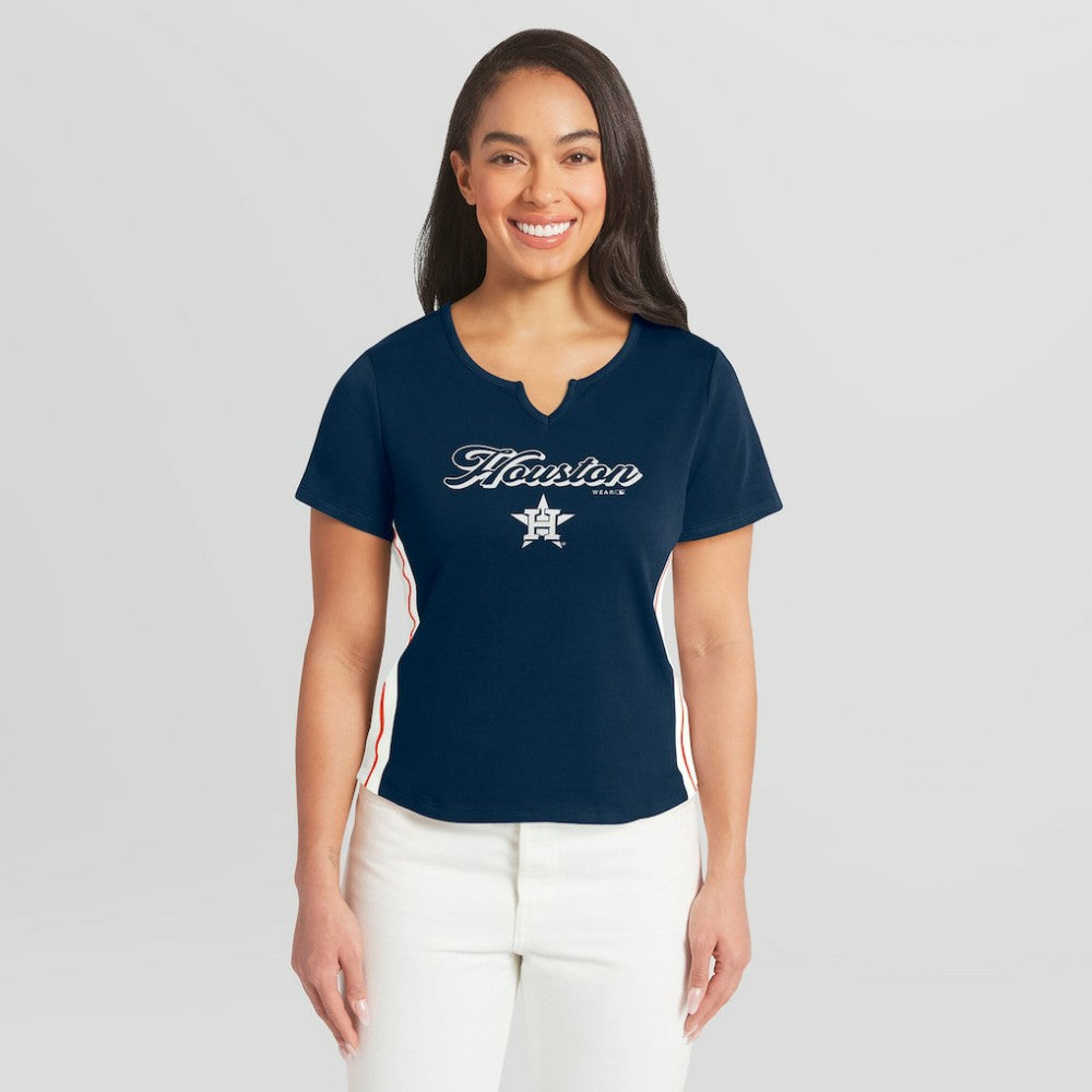 Navy Houston Astros WEAR by Erin Andrews Women's Notch Neck Cropped T-Shirt