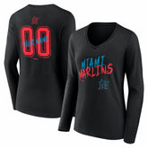 Black Miami Marlins Women's Hustle Personalized Name & Number Long Sleeve V-Neck T-Shirt