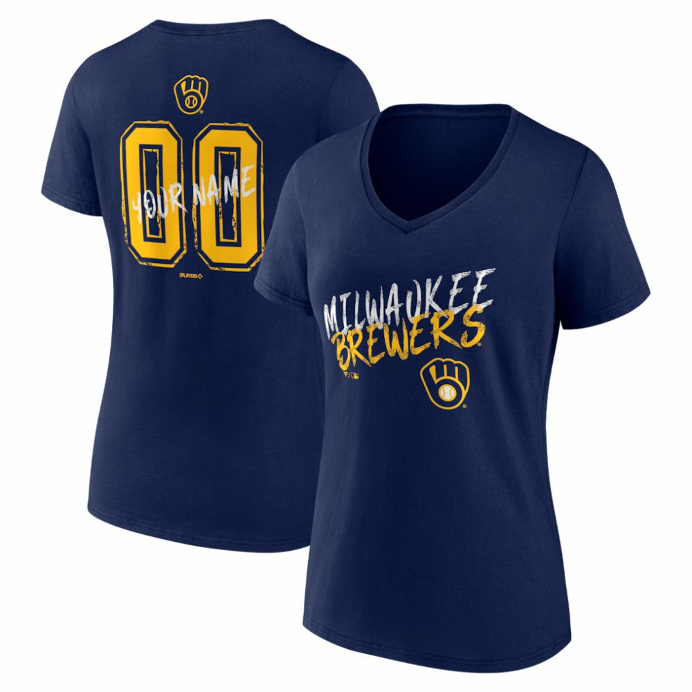 Navy Milwaukee Brewers Women's Hustle Personalized Name & Number V-Neck T-Shirt