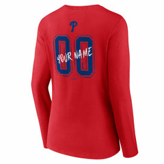 Red Philadelphia Phillies Women's Hustle Personalized Name & Number Long Sleeve V-Neck T-Shirt