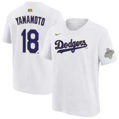 White Yoshinobu Yamamoto Los Angeles Dodgers Nike Youth 2026 Gold Collection Name & Number T-Shirt