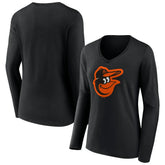 Black Baltimore Orioles Women's Team Color Primary Logo V-Neck Long Sleeve T-Shirt