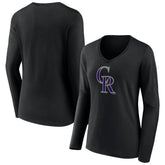 Black Colorado Rockies Women's Team Color Primary Logo V-Neck Long Sleeve T-Shirt