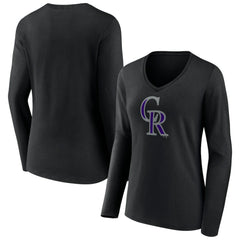 Black Colorado Rockies Women's Team Color Primary Logo V-Neck Long Sleeve T-Shirt
