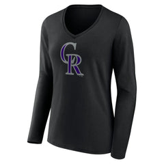 Black Colorado Rockies Women's Team Color Primary Logo V-Neck Long Sleeve T-Shirt