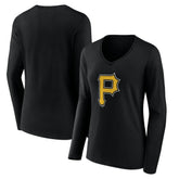 Black Pittsburgh Pirates Women's Team Color Primary Logo V-Neck Long Sleeve T-Shirt