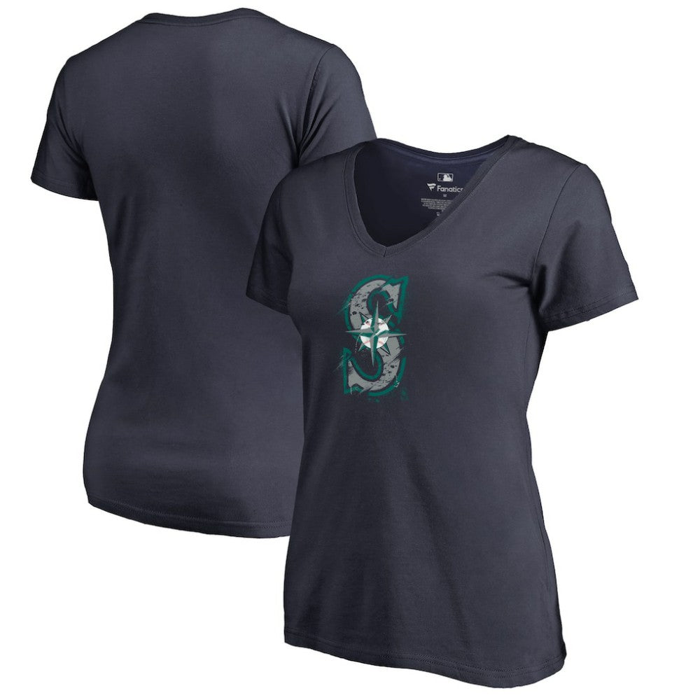 Navy Seattle Mariners Women's Splatter Logo V-Neck T-Shirt