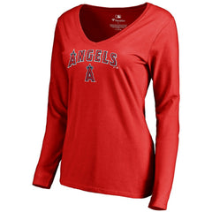 Red Los Angeles Angels Women's Team Lockup Slim Fit Long Sleeve V-Neck T-Shirt