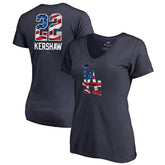 Navy Clayton Kershaw Los Angeles Dodgers Women's Banner Wave Name & Number V-Neck T-Shirt