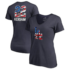 Navy Clayton Kershaw Los Angeles Dodgers Women's Banner Wave Name & Number V-Neck T-Shirt