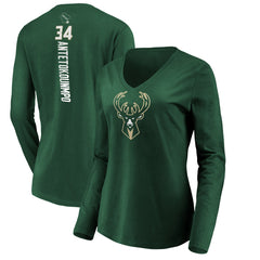 Giannis Antetokounmpo Milwaukee Bucks Women's Playmaker Name & Number Long Sleeve V-Neck T-Shirt
