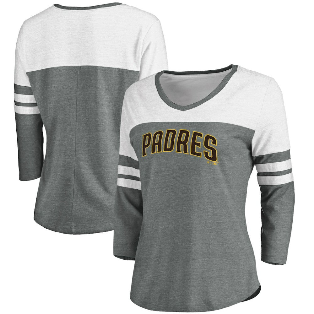 Heathered Gray/White San Diego Padres Fanatics Women's Official Wordmark 3/4 Sleeve V-Neck T-Shirt