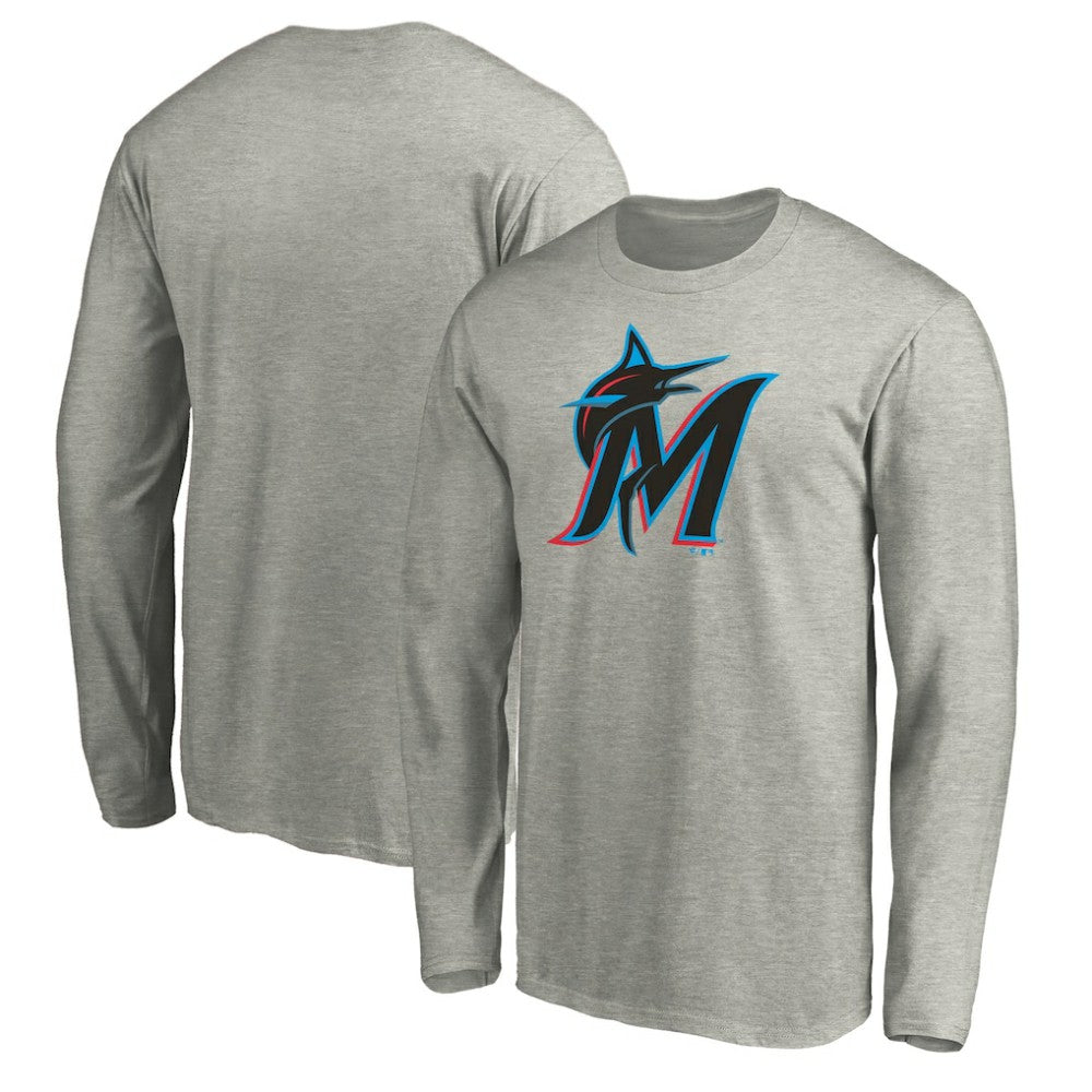 Heather Gray Miami Marlins Official Team Logo Long Sleeve T-Shirt